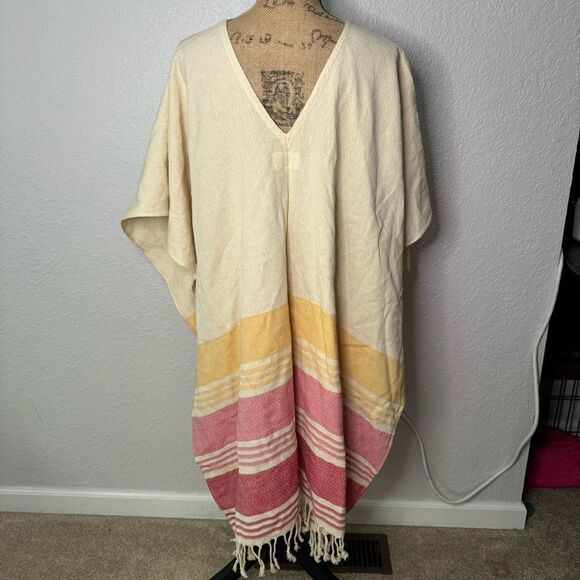Tribe Alive Poncho One Size Pink Striped Fringed Cotton Beach Cover Up Boho - Picture 6 of 6